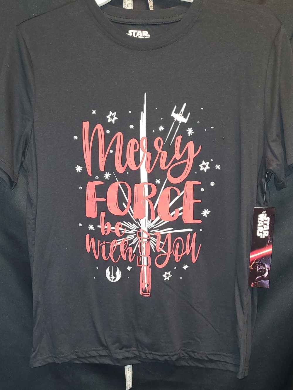 Star Wars Black Tee with Pink 'Merry Force Be With You' Lightsaber Graphic